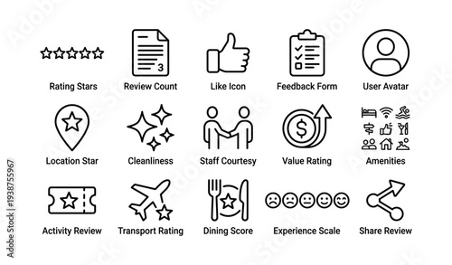 Icon set for rating and reviews featuring stars, forms, and feedback symbols