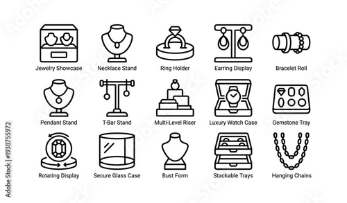Jewelry display icons: necklace, ring holder, earring, bracelet, pendant