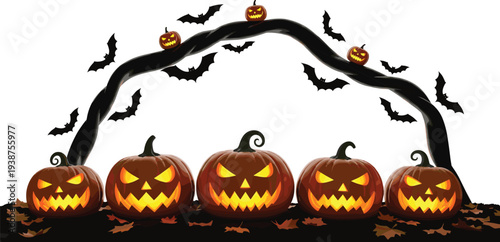 Glowing Halloween jack o lantern pumpkins under spooky tree arch with flying bats, autumn leaves and eerie night atmosphere festive horror illustration