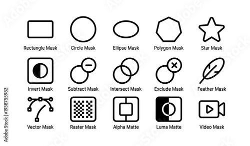 Image editing icons: mask types and functions for graphic design