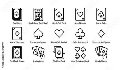 Playing cards icons: suit symbols, ace, king, deck, and hand of cards design
