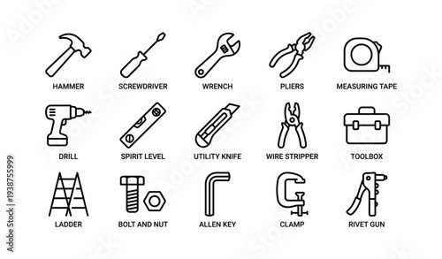 Essential hand tools: hammer, screwdriver, wrench, pliers, measuring tape, drill, level, utility knife, stripper