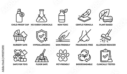 Icons representing safe and eco-friendly product features and testing