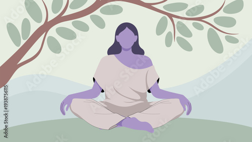 Woman Meditating Under Tree, Serene Illustration of Calm and Mindfulness
