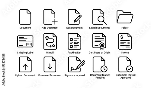 Document management icons: edit, search, upload, signature required