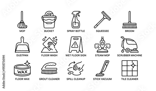Essential cleaning tools: mop, broom, vacuum, and more icon set
