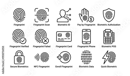 Fingerprint technology icons: biometric id, nfc, secure payments, and quick identification