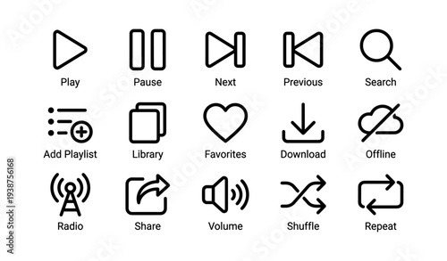 Essential media control icons for music and streaming applications