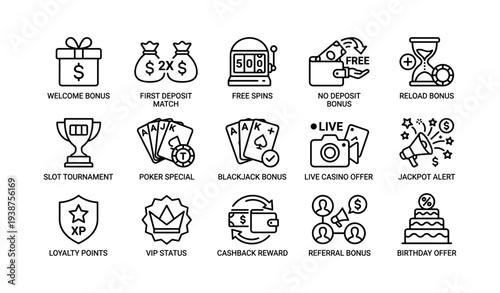 Casino promotion icons: bonuses, tournaments, loyalty rewards, poker, cashback