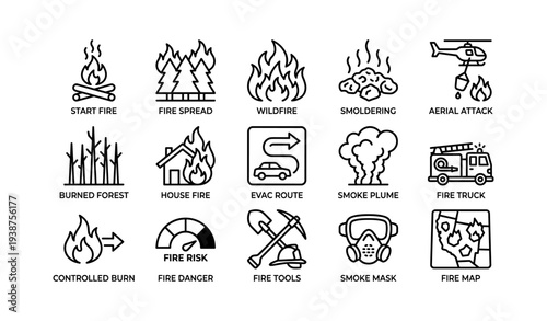 Fire safety icons: wildfire, smoke, fire truck, helicopter, evacuation