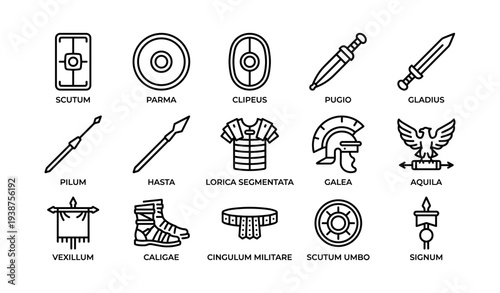 Roman legionary equipment icons: shields, weapons, armor, symbols