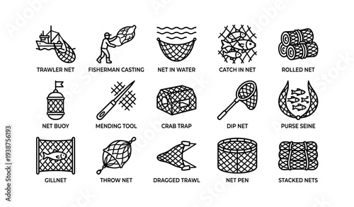 Illustrated fishing nets and tools: trawler, gillnet, crab trap, and more