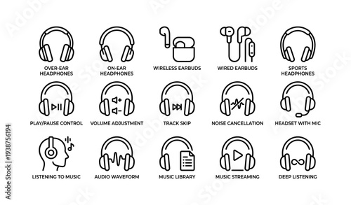 Headphone icon set: over-ear, wireless, earbuds, music control features