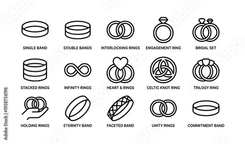 Variety of ring designs featuring circle and knot themes