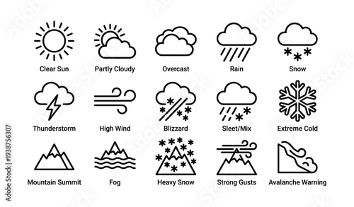Weather icons: sun, clouds, rain, snow, thunderstorm, wind, and more