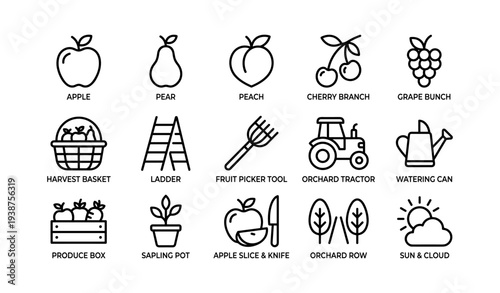 Fruit orchard farming tools and produce icons collection