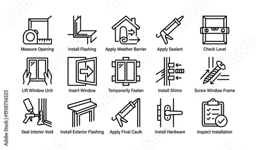 Window installation process icons: tools, techniques, steps, and equipment
