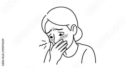 Vector line art of a person feeling unwell, covering mouth in discomfort or sickness