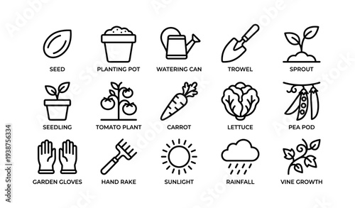 Gardening tools and plant icons: seed, watering can, sprout, seedling