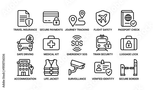 Essential travel safety icons: insurance, secure payments, flight, passport, accommodation