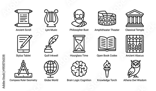 Set of iconic symbols of ancient greek culture and learning
