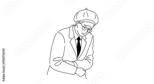 Distressed person in classic attire experiencing discomfort, a poignant line drawing depicting