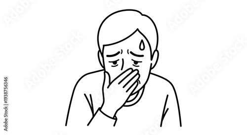 Person experiencing nausea or discomfort with a hand over mouth and visible sweatdrop on forehead