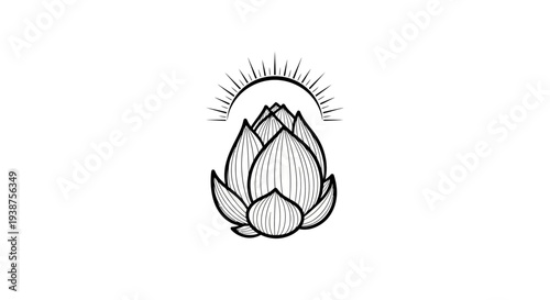 Elegant linear lotus blossom and rising sun illustration symbolizing spiritual awakening