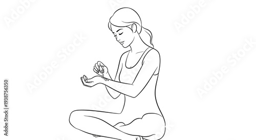 Serene woman in lotus position gently applying a natural essence to her delicate wrist for daily
