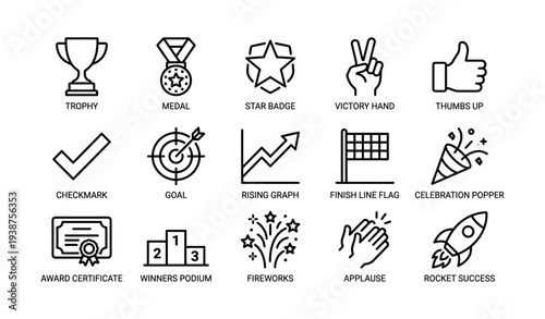 Achievement and success icons: trophy, medal, victory hand, thumbs up, celebration