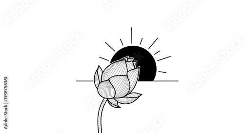 Minimalist lotus flower illustration with abstract sun graphic for serene design elements