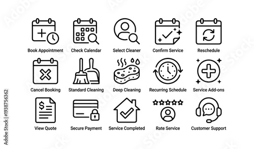 Cleaning service icons: appointments, schedule management, and customer support