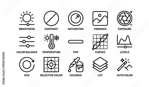 Image editing icons: brightness, contrast, saturation, vibrance, exposure, and more