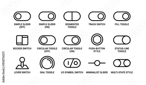 Collection of various toggle switch and slider icons in minimalist style