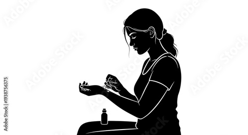 Elegant silhouette of a woman engaged in a focused personal grooming routine, meticulously