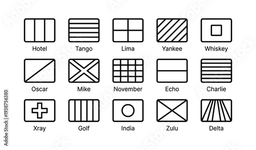 Collection of nautical signal flag icons with simple line designs