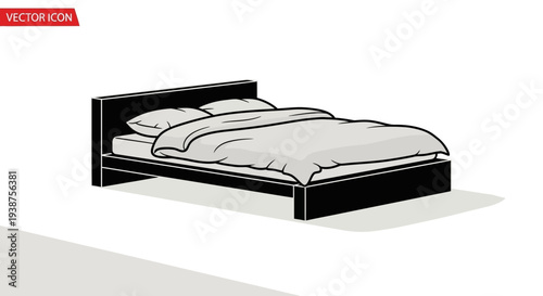 Stylized monochrome vector illustration of a domestic bed with soft pillows and blanket for
