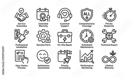 Icons representing support, warranty, repair, and maintenance services
