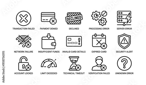 Error alert icons: transaction failed, payment denied, declined, network issues, security alert