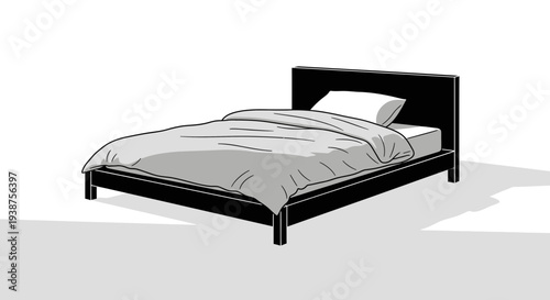 Clean and minimalist bedroom furniture illustration featuring a simple bed with dark frame and