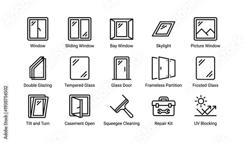 Icons of various window types and tools for installation and maintenance