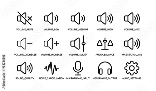 Audio control icons: volume, balance, headphones, microphone, and settings symbols
