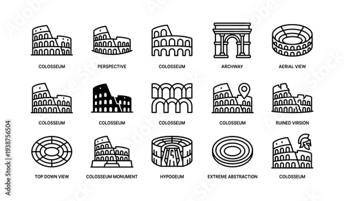 Colosseum icon set featuring various angles and styles