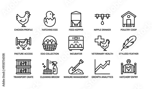 Icons representing poultry farming equipment and processes