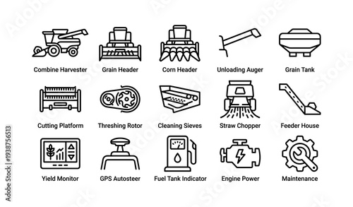 Agricultural machinery icons: harvester, header, auger, tank, chopper, monitor