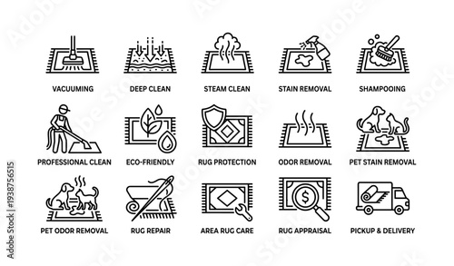 Rug cleaning icons: vacuuming, stain removal, eco-friendly methods, odor control, pet care