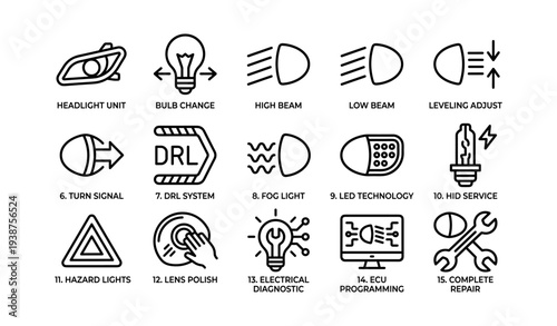 Automotive light icons: headlights, bulbs, fog lights, drl, led, ecu repair guide