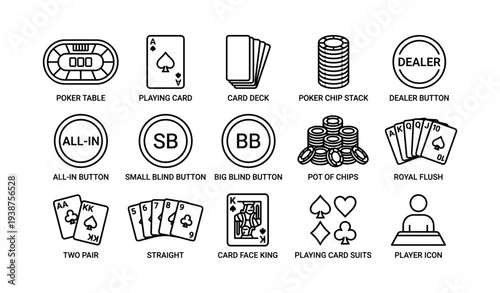 Poker icons: table, cards, chips, buttons, winning hands