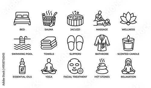 Spa icon set: bed, sauna, jacuzzi, massage, wellness, pool, towels, slippers, bathrobe, candle