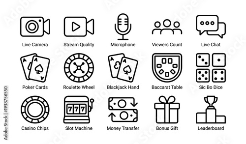 Casino icons set: games, camera, microphone, chat, gift, leaderboard